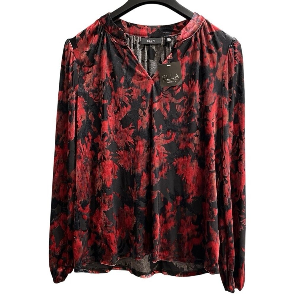 Ella Rafaella Red Black Burnout Velvet Floral Split V-Neck Blouse Small MA6731